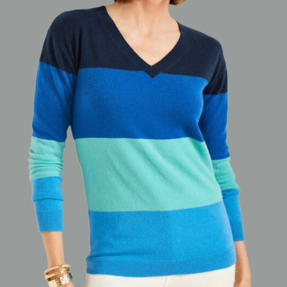 NWT | Talbots 100% Cashmere V-Neck Pullover Sweater Blue Tonal Stripes M Petite